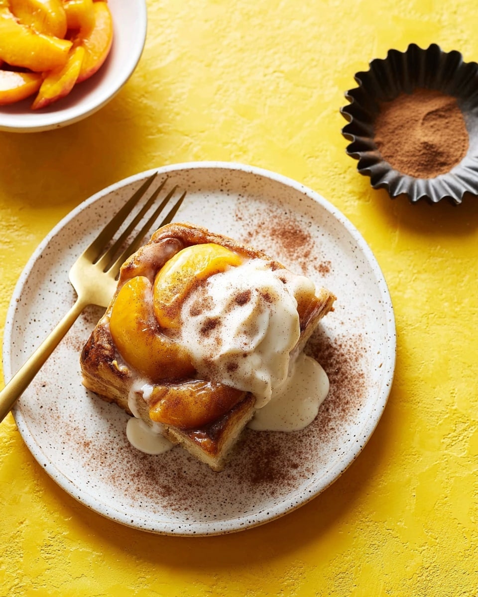 The dish features a single thick slice of cinnamon roll bread on a white speckled plate, layered with soft, golden-brown bread at the bottom, topped by glossy, sliced cooked peaches with a light orange hue, and finished with a dollop of creamy white sauce or whipped cream that slightly drips down the sides. A dusting of cinnamon powder covers the top and the plate around the dessert. A gold fork rests beside the slice on the left edge of the plate. The plate sits on a bright yellow textured surface. Nearby are a small white bowl with extra peach slices and a black fluted dish holding cinnamon powder. Photo taken with an iphone --ar 4:5 --v 7