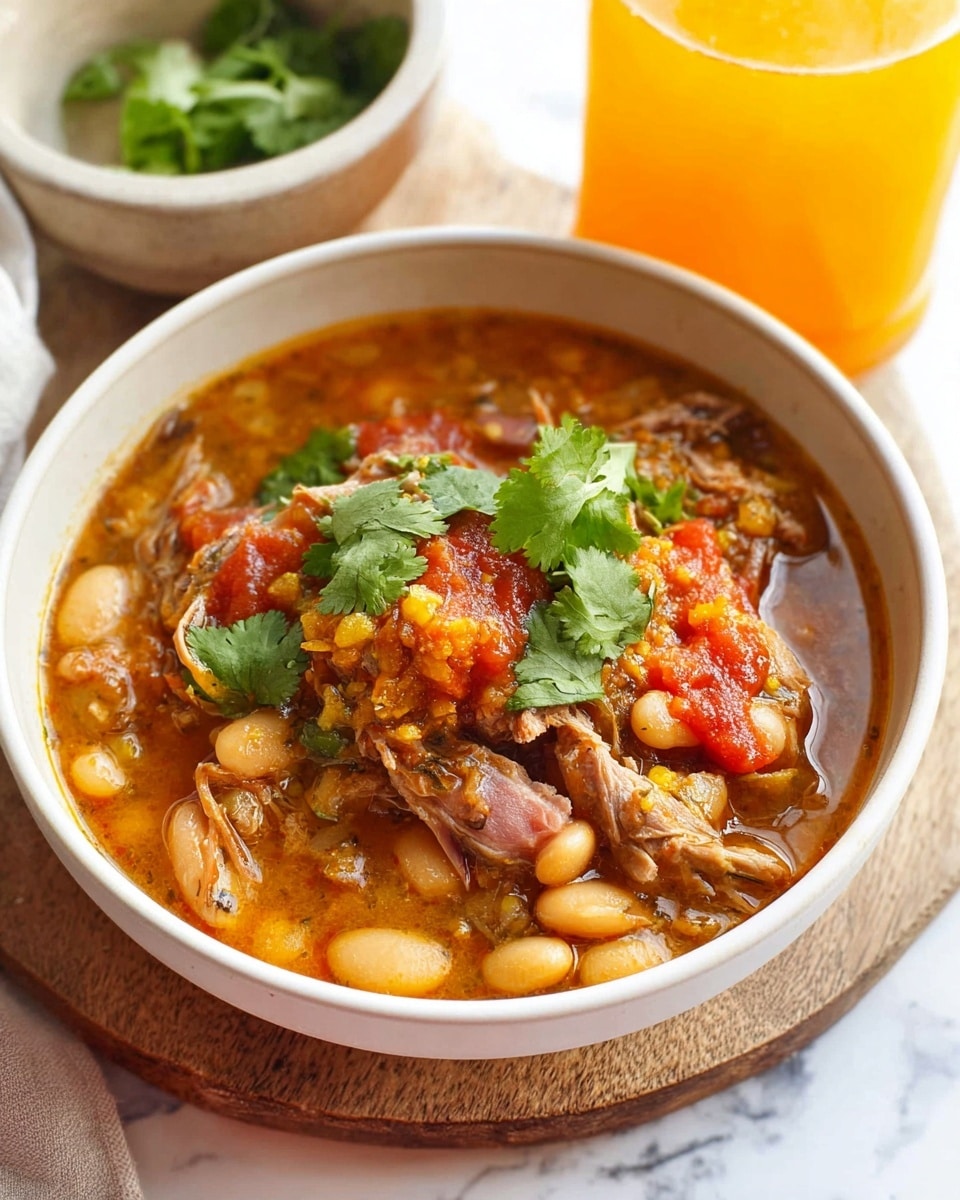 A white bowl is filled with a chunky stew that has three main visible layers: at the bottom, there is a thick broth with shredded meat and whole white beans mixed in, in the middle, there is a layer of red sauce with some small orange bits, and on top, fresh green cilantro leaves are scattered. The bowl sits on a round wood board and a bottle with a yellow-orange liquid is seen in the background on a white marbled surface. photo taken with an iphone --ar 4:5 --v 7