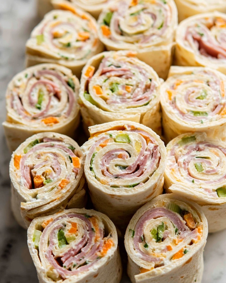The image shows a close-up view of many tortilla roll-ups arranged closely together. Each roll-up has three visible layers from the outside in: a light beige tortilla wrap, a creamy white layer likely made of cheese or spread, and an inner layer with pale pink slices of meat, small orange pieces, and bits of green vegetable, all evenly mixed inside. The roll-ups are tightly rolled, creating visible spirals with a soft, smooth texture. They are placed on a white plate set on a white marbled surface. photo taken with an iphone --ar 4:5 --v 7