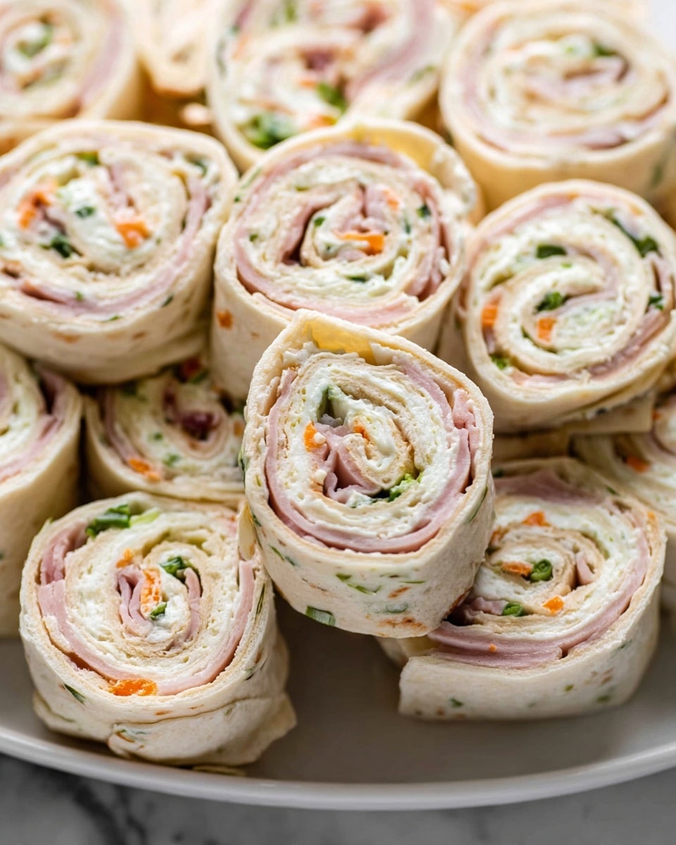 The image shows many tortilla roll-ups stacked closely together on a white marbled surface. Each roll-up has three visible layers: the soft, light beige tortilla on the outside, a creamy white filling with specks of green herbs in the middle, and slices of pink ham mixed with small bits of light orange cheese and pale green celery inside. The rolls are cut into thick circles, showing the spiral layers inside clearly. Photo taken with an iphone --ar 4:5 --v 7