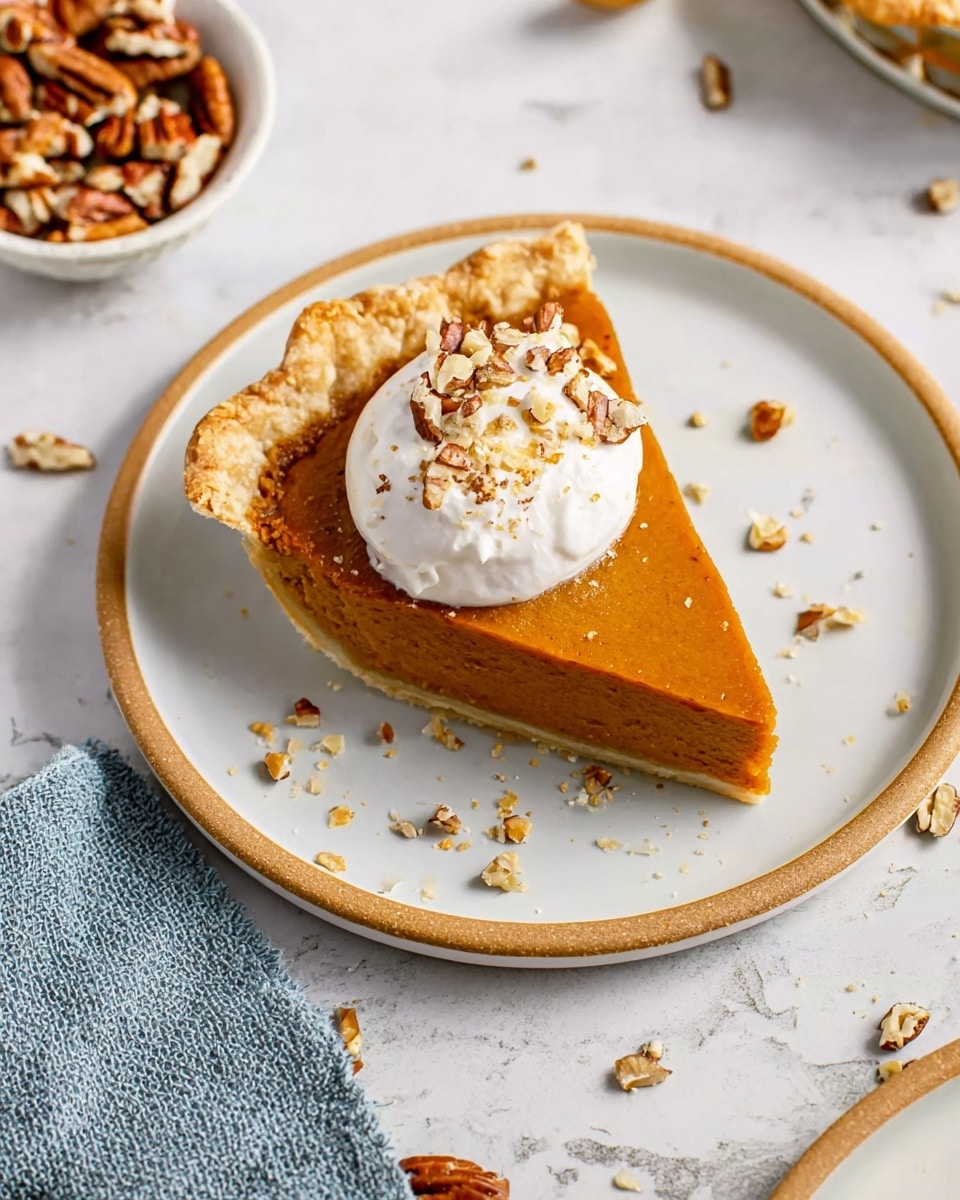 A single slice of bright orange pumpkin pie sits on a round white plate with a thin tan rim, placed on a white marbled surface. The pie has a golden crust with a crimped edge and a smooth, firm filling. On top of the slice, there is a dollop of white whipped cream decorated with small pieces of pecans. Around the plate, a few pecan pieces are scattered. The background includes blurred bowls, also on the white marbled surface. photo taken with an iphone --ar 4:5 --v 7