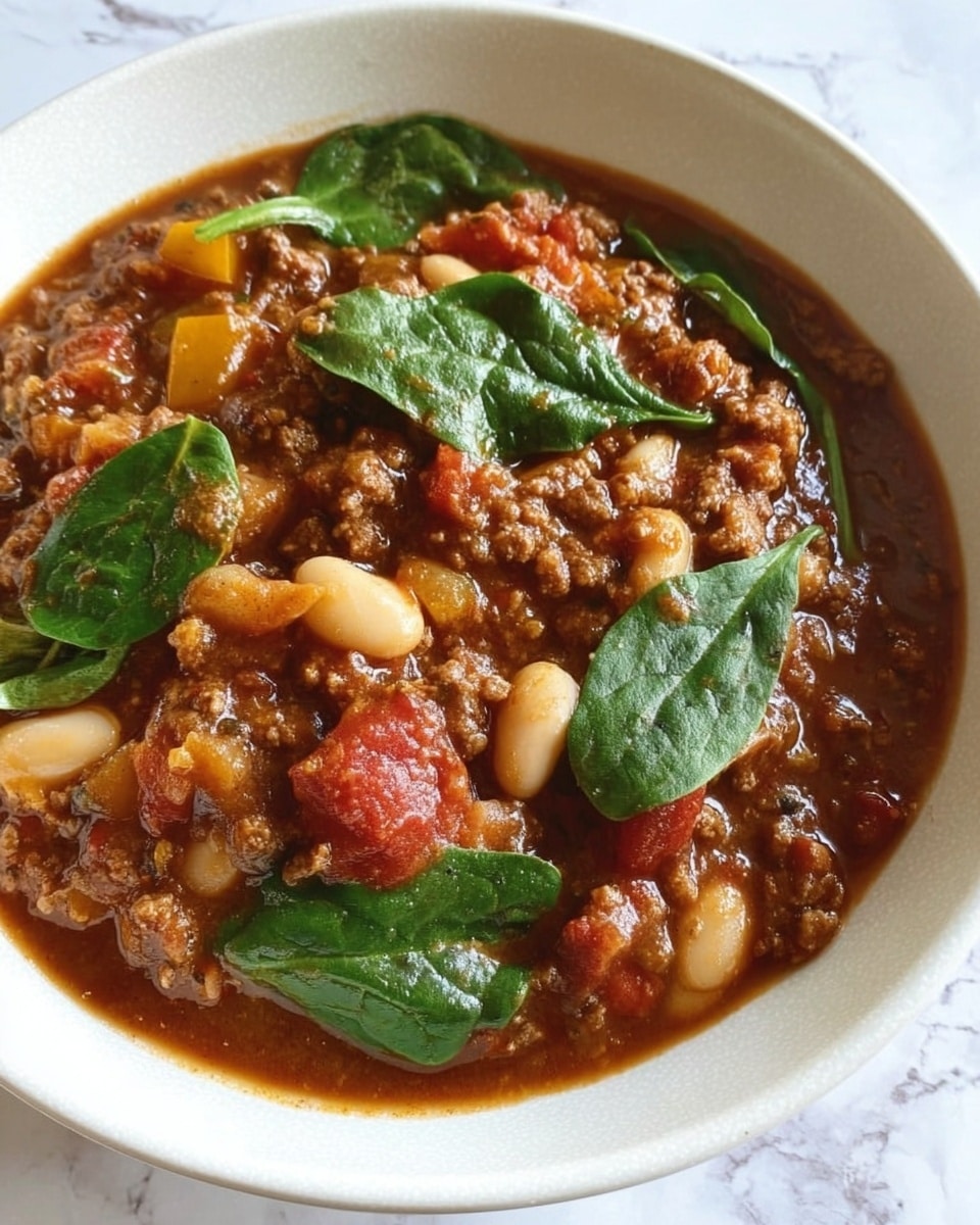 A close-up of a white bowl filled with thick chili showing several layers: a base of dark brown sauce with visible ground meat, scattered white beans, bright red tomato chunks, yellow pieces of bell pepper, and fresh green spinach leaves placed on top and mixed throughout, all resting on a white marbled surface photo taken with an iphone --ar 4:5 --v 7