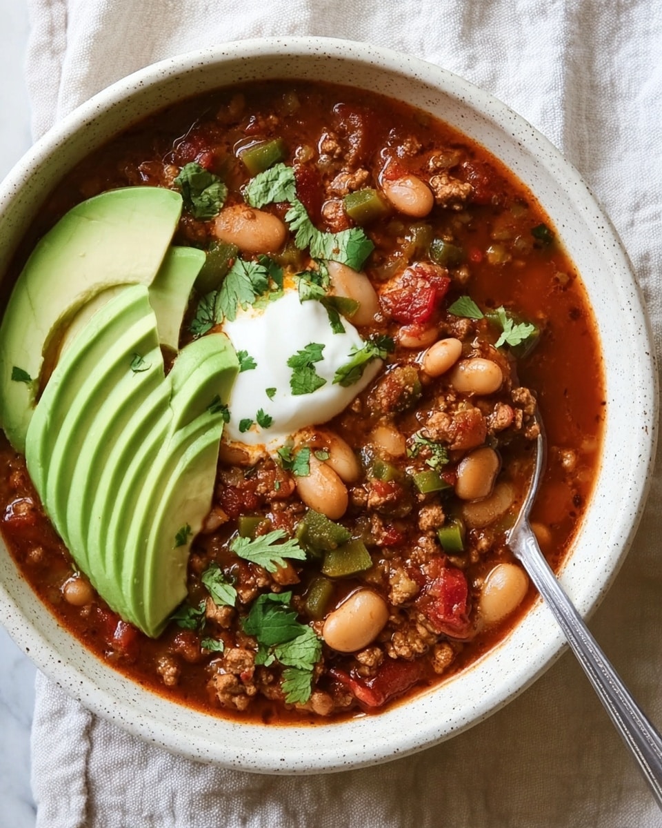 A white speckled bowl is filled with thick chili made of brown ground meat, white beans, green bell pepper pieces, and red tomato chunks in a rich dark reddish-brown sauce. On top, there are four slices of bright green avocado layered neatly on one side, with small green cilantro leaves scattered over the chili. A silver spoon holds a scoop of white sour cream mixing into the chili near the avocado. The bowl sits on a soft off-white cloth. photo taken with an iphone --ar 4:5 --v 7