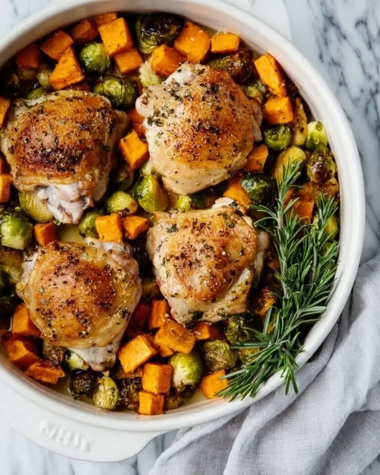 Baked Chicken Thighs with Roasted Brussels Sprouts and Sweet Potatoes Recipe