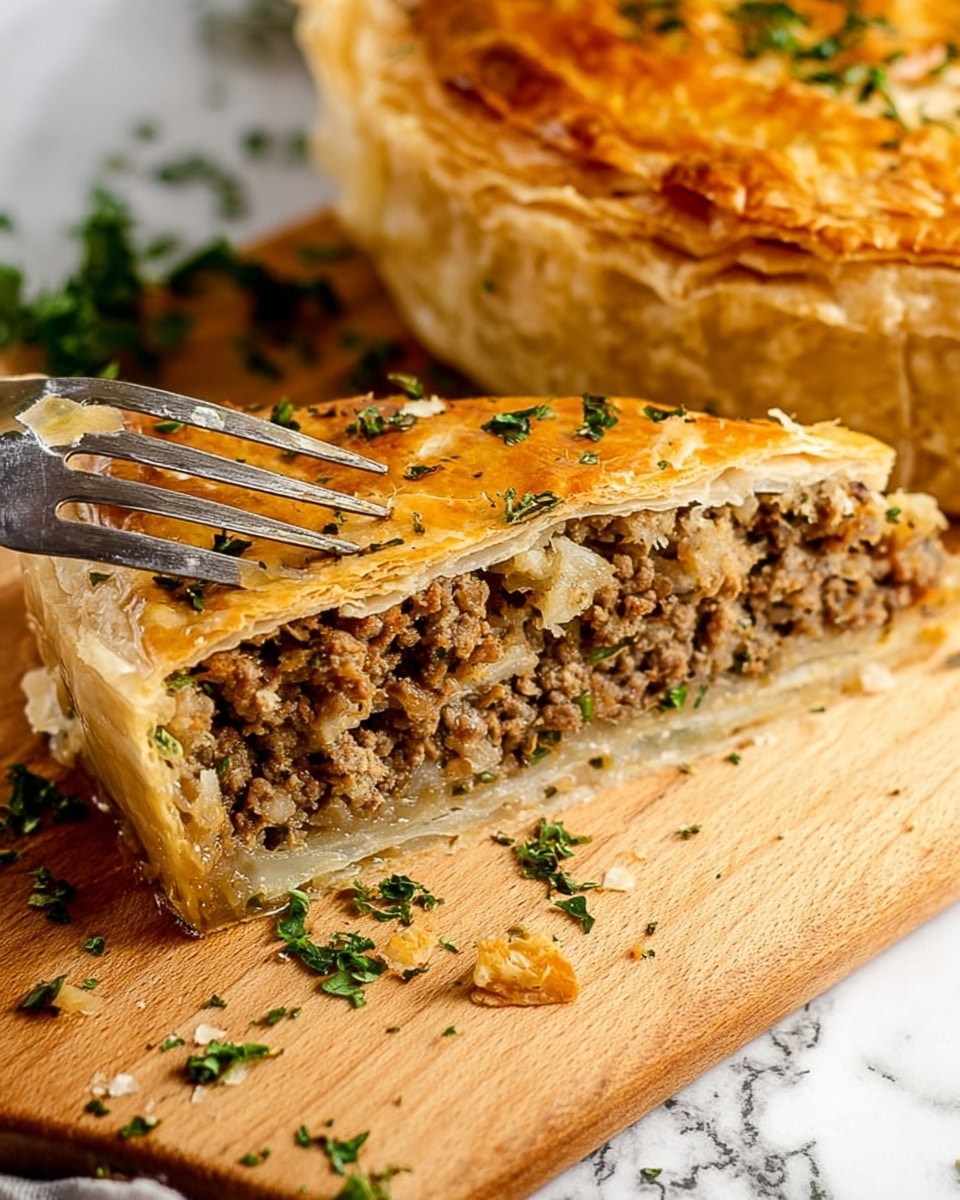 The image shows a slice of meat pie with two main layers: a golden-brown, flaky crust on top and a thick layer of cooked ground meat mixed with herbs inside. The crust is slightly cracked and sprinkled with green herbs. The bottom crust is light and flaky, holding the meat filling tightly. A silver fork is pressed gently into the meat layer, and the pie sits on a light wooden board with scattered green herbs around. The background is a white marbled texture. photo taken with an iphone --ar 4:5 --v 7