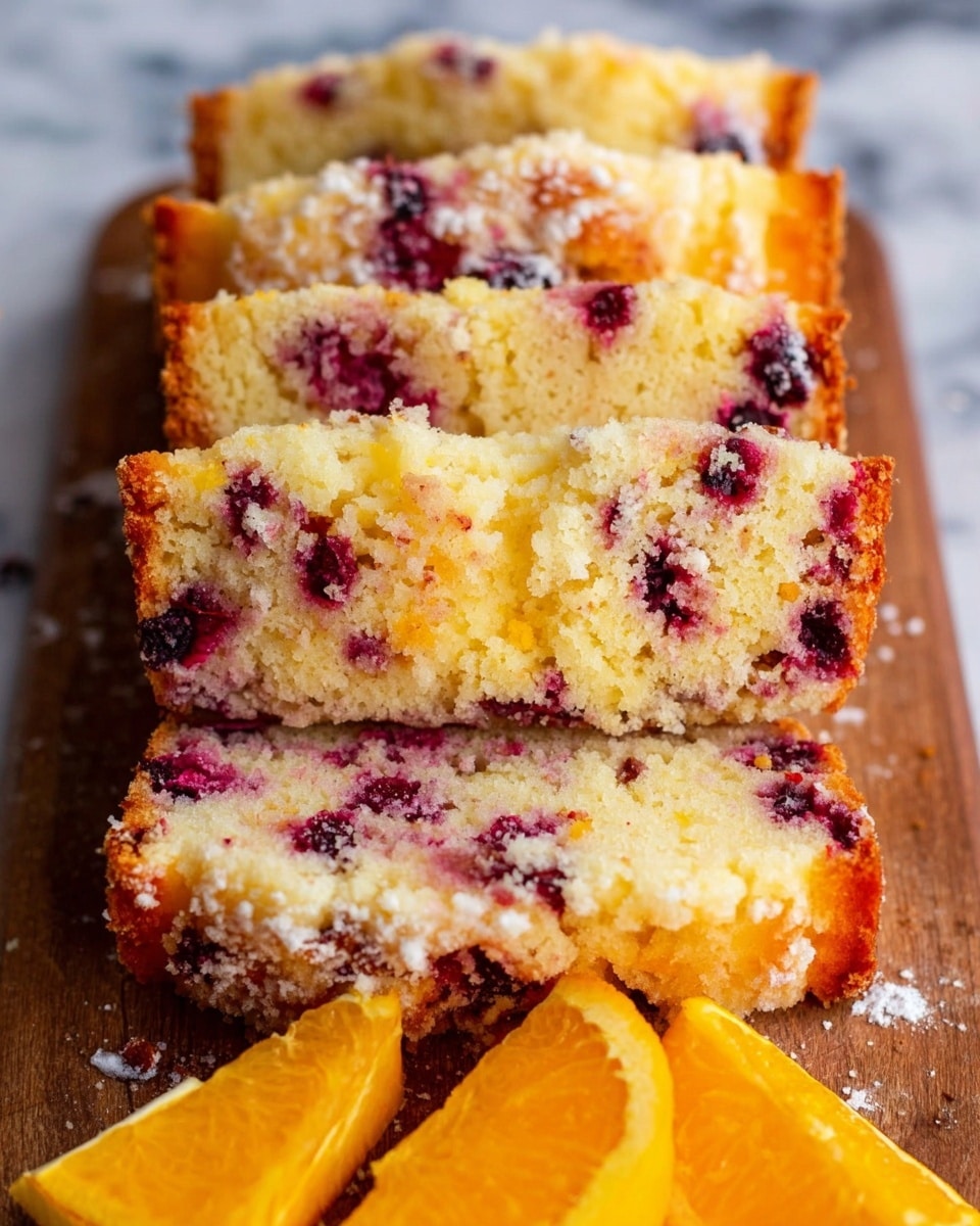 A loaf cake sliced into five thick pieces is arranged on a wooden cutting board. The cake has a light golden-brown crust with a moist, pale yellow inside filled with bright red cranberries spread throughout each slice. The top of the loaf is drizzled with white icing in uneven lines, adding a glossy finish. Around the board are a few fresh cranberries and three orange slices positioned on the left side. The background surface is white marbled texture photo taken with an iphone --ar 4:5 --v 7