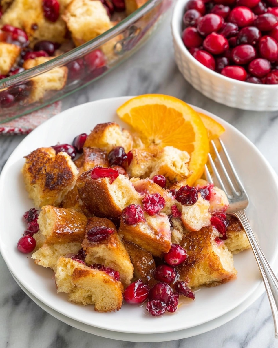 A white plate holds a serving of golden brown bread pieces mixed with bright red cranberries, some of which are whole and others slightly burst, creating a contrast of colors and textures. The bread pieces look soft with a slightly crispy outside and a light glaze giving them a shiny finish. One side of the plate features a fresh orange slice with a vivid orange color, adding a burst of brightness. A silver fork rests on the right edge of the plate. In the background, a clear glass dish contains more of the same bread and cranberry mixture, and a white bowl filled with whole red cranberries is also visible. The surface under all the items is a white marbled texture. photo taken with an iphone --ar 4:5 --v 7