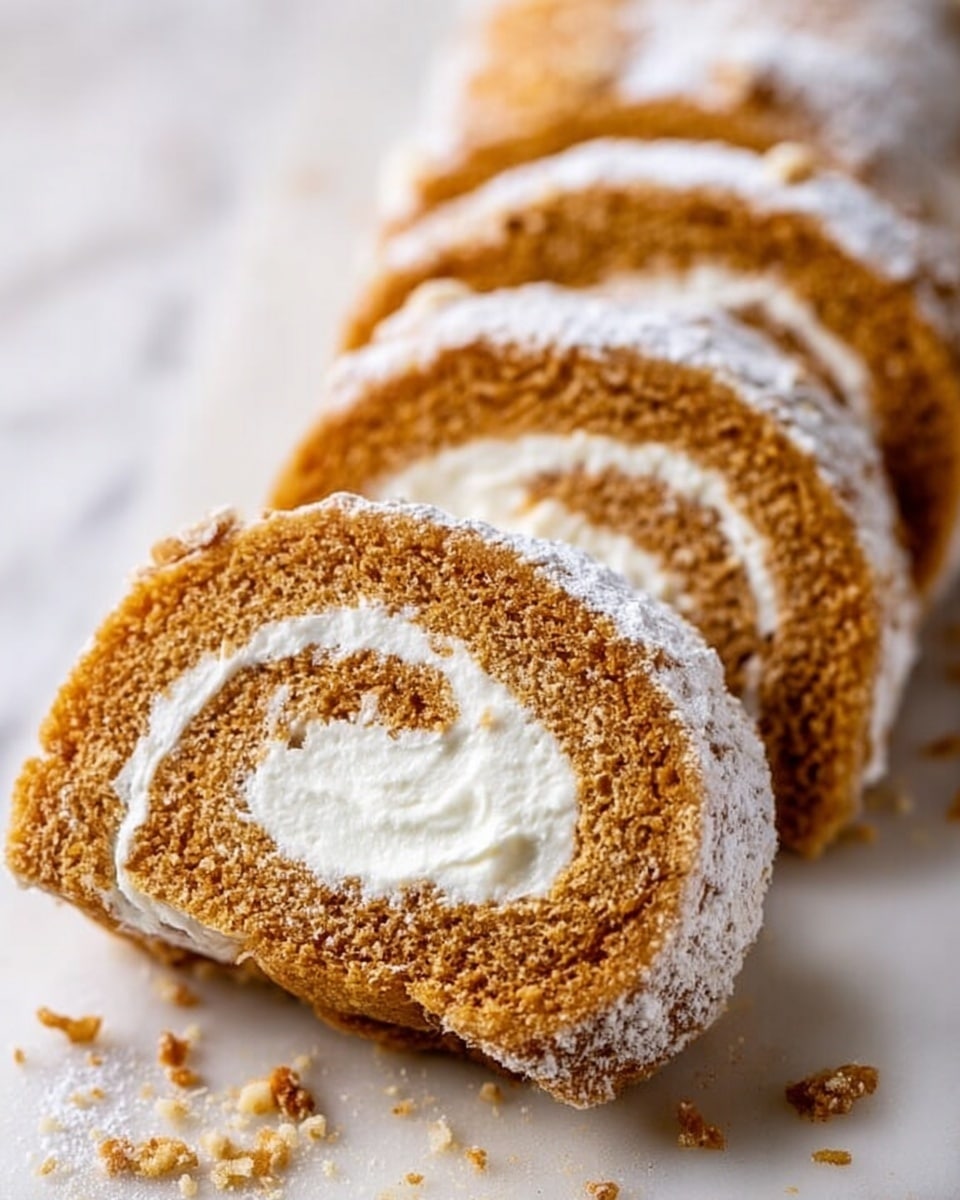 The image shows a close-up of four sliced rolled cakes arranged in a line on a white marbled surface. Each cake roll has one thick layer of light brown sponge with a soft and slightly crumbly texture, and inside, there is a smooth white cream filling swirled in the center. The outer surface of the cake is dusted with powdered sugar that adds a soft white touch. Some small crumbs and crushed nuts are scattered around the rolls on the surface. The focus is sharp on the front slice, with the rolls behind gradually becoming blurrier. photo taken with an iphone --ar 4:5 --v 7