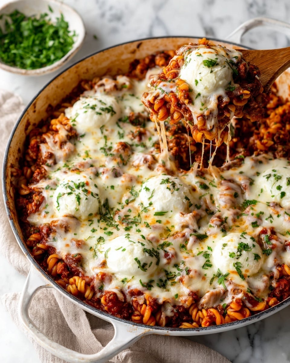 A large white pan filled with a layered pasta dish showing three main layers: the bottom layer is a deep red pasta sauce with visible chunks of meat and tomato, the middle layer consists of short, curly orange pasta mixed with the sauce, and the top layer is five small, round white cheese dollops sprinkled with chopped green herbs. A wooden spoon lifts some pasta from the right side, causing melted cheese strings to stretch. The pan rests on a white marbled surface, with a small white bowl filled with fresh green herbs nearby. photo taken with an iphone --ar 4:5 --v 7
