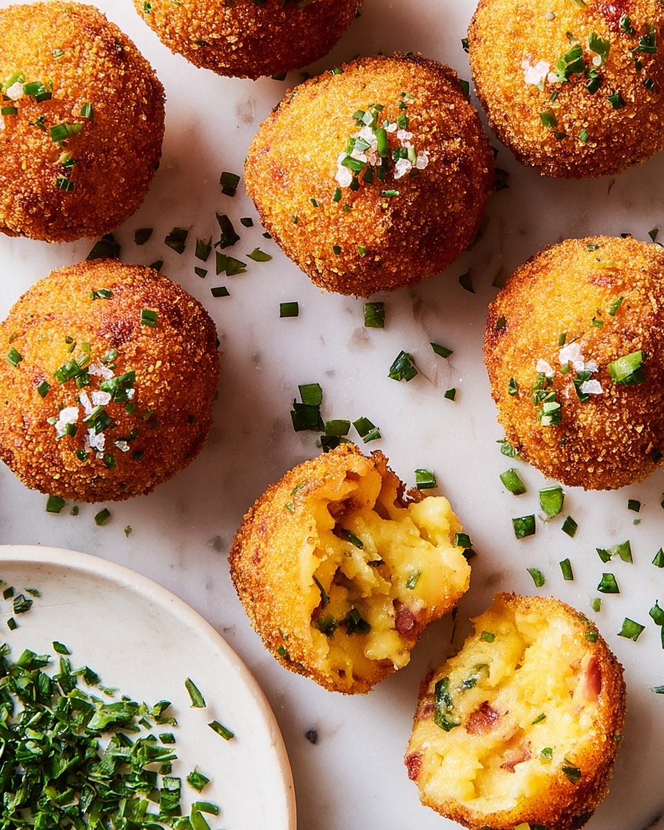The image shows several round, golden-brown crispy balls with a crunchy texture on the outside, topped with small pieces of green herbs and coarse salt. Two of the balls are broken open, revealing soft, creamy, yellowish interiors mixed with bits of reddish pieces and green herbs. The balls are laid out on a white marbled surface. In the bottom left corner, part of a white plate filled with chopped green herbs is visible. Some of the herb pieces are scattered around the balls on the surface. The photo taken with an iphone --ar 4:5 --v 7