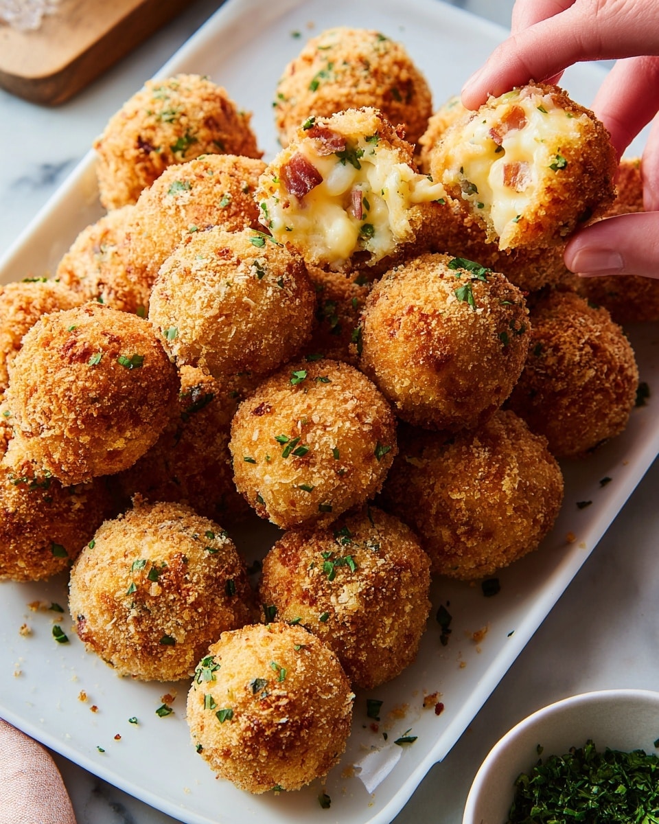 A white rectangular plate full of round, golden-brown fried balls with a crispy, crumb coating sprinkled lightly with small green herb pieces. The balls have a crunchy texture and are stacked closely together. In the lower right corner, a woman's hand holds one ball broken in half, showing a soft inside filled with a creamy mixture of pale yellow, white, and small bits of brown and green. The plate rests on a white marbled surface, with a partial view of a round white bowl filled with chopped green herbs on the right side. photo taken with an iphone --ar 4:5 --v 7
