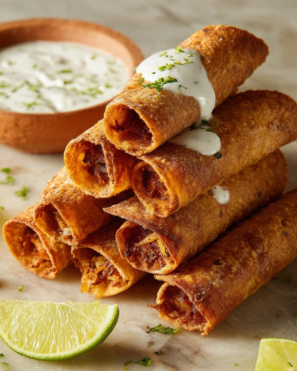 A stack of six rolled, golden brown tacos with a slightly crispy texture sits on brown paper. Each taco has a crunchy inside layer showing well-cooked, darker filling. A small dollop of white sauce with green herbs is on one taco’s edge, with some sauce dripping below. Small green cilantro leaves are scattered on and around the tacos. A lime wedge with a bright green color is placed next to the stack. The background is a white marbled texture. Photo taken with an iphone --ar 4:5 --v 7