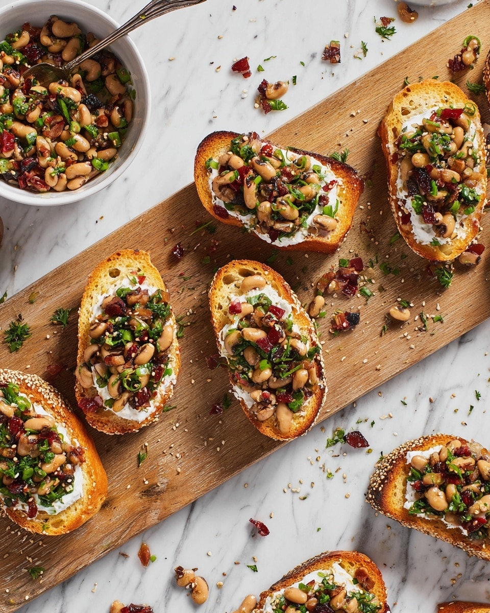 The image shows toasted oval bread slices spread with a creamy white layer, topped with a mix of black-eyed peas, chopped dark green herbs, and small pieces of reddish-brown meat. Thin slices of light green spring onions are placed on top, adding color and texture. The toasts are spread out on a wooden board with some of the topping scattered around. A white bowl filled with the same pea mixture is at the top left, with a silver spoon resting next to it. The background is a white marbled surface with extra bits of topping scattered about. Photo taken with an iphone --ar 4:5 --v 7