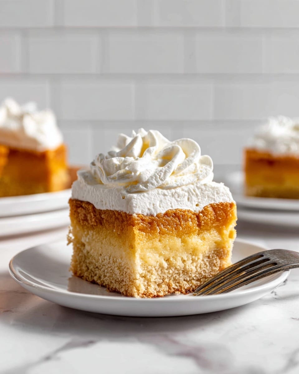 A square piece of golden brown cake with a soft texture sits in the center of a white plate with a thin silver rim. On top of the cake is a dollop of white whipped cream with a smooth, fluffy texture. A silver fork lies next to the cake slice on the plate. Surrounding the plate is a white marbled surface, with parts of other plates and the tray of cake visible at the edges. The overall look is clean and bright with warm and inviting colors. photo taken with an iphone --ar 4:5 --v 7