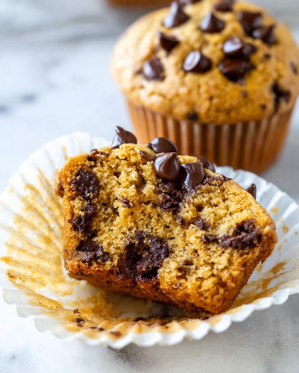 The image shows several golden brown muffins with a soft, slightly cracked texture on top, studded with dark chocolate chips scattered unevenly on each muffin’s surface. They are each wrapped in light brown paper liners and are placed on a silver metal cooling rack. In the background, more muffins are visible inside a baking tray. The muffins are set on a white marbled surface with a white cloth partially visible in the foreground. The overall look is warm and fresh, inviting. photo taken with an iphone --ar 4:5 --v 7