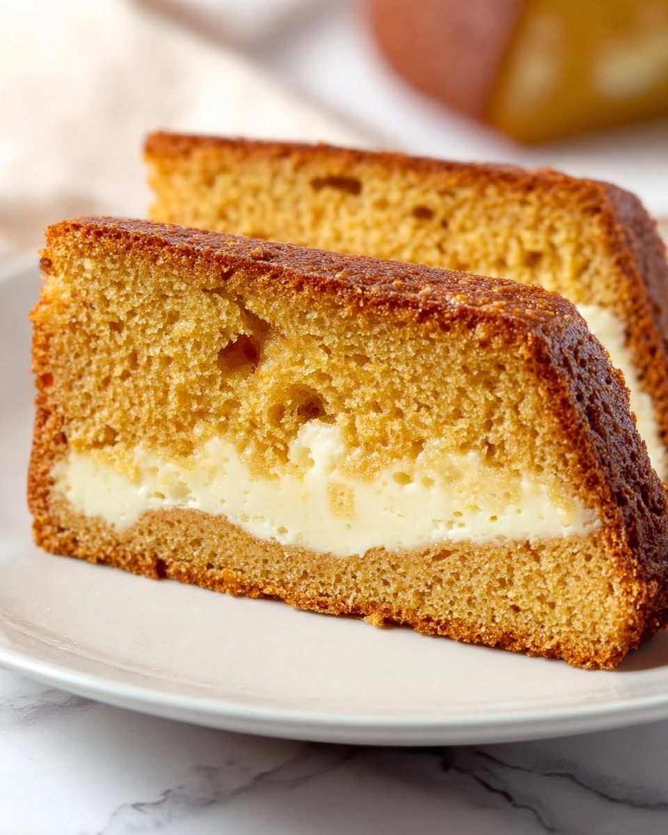 The image shows a close-up of two slices of cake on a white plate with a white marbled surface in the background. Each slice has two layers: a thick golden-brown cake layer with a soft, porous texture and a creamy, light yellow layer near the bottom. The cake top appears slightly darker with a crisp edge. The colors are warm with a contrast between the airy, brown cake part and the smooth creamy section below. Photo taken with an iphone --ar 4:5 --v 7