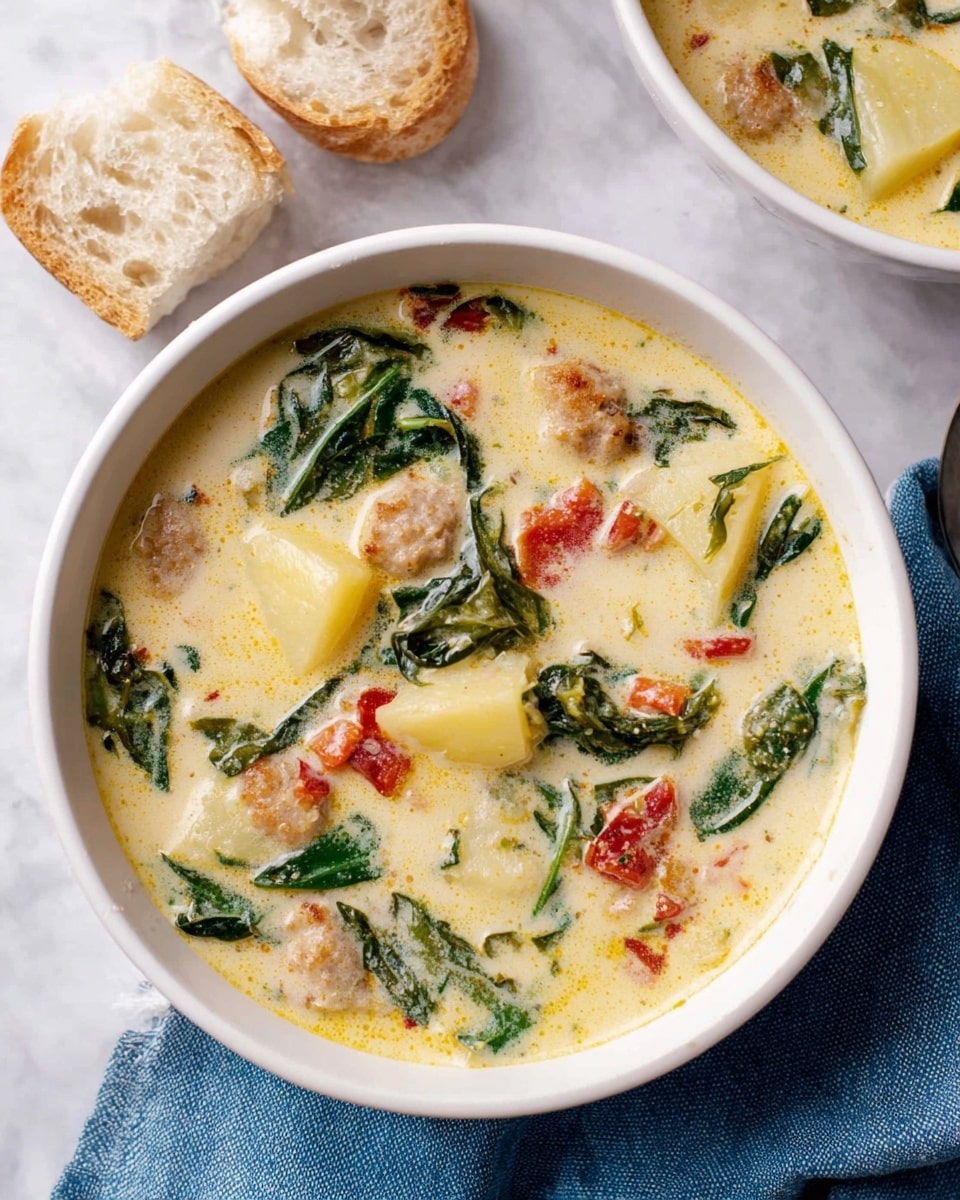 Two white bowls filled with creamy soup sit on white plates, placed on a white marbled surface. The soup has a thick, creamy beige base with visible chunks of browned meatballs, dark green leafy vegetables, and small pieces of red bacon scattered throughout. Yellow potato cubes float in the soup, adding contrast to the colors. A silver spoon is placed inside the front bowl, leaning on the rim. In the background, part of a white plate with sliced bread is slightly visible. The overall texture looks rich and hearty. photo taken with an iphone --ar 4:5 --v 7