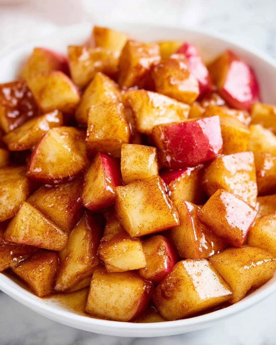A white bowl filled with many small cubes of cooked apple pieces, each cube showing a mix of soft yellowish inside and shiny reddish skin on the edges. The apples are covered with a light, glossy layer of brown cinnamon and sugar, giving the cubes a sticky, shiny look. The bowl is close-up on a white marbled surface with a light softly blurred background. Photo taken with an iphone --ar 4:5 --v 7
