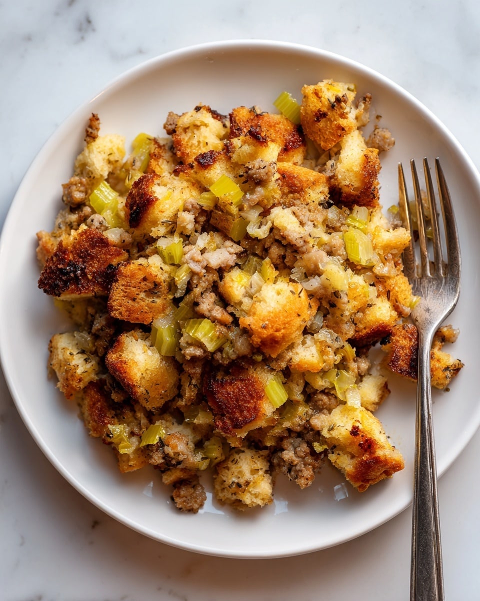A close-up view of a baking dish filled with a layered stuffing mixture. The bottom layer consists of soft, golden brown bread cubes with crispy browned edges. On top of the bread, there are chunks of light yellow cooked potatoes and cooked ground meat mixed together. There are also pieces of cooked celery and onion with a slightly translucent, pale green and white color scattered throughout. A spoon holds a scoop of the mixture above the dish, showing the layered textures and colors clearly, all on a white marbled surface. Photo taken with an iphone --ar 4:5 --v 7