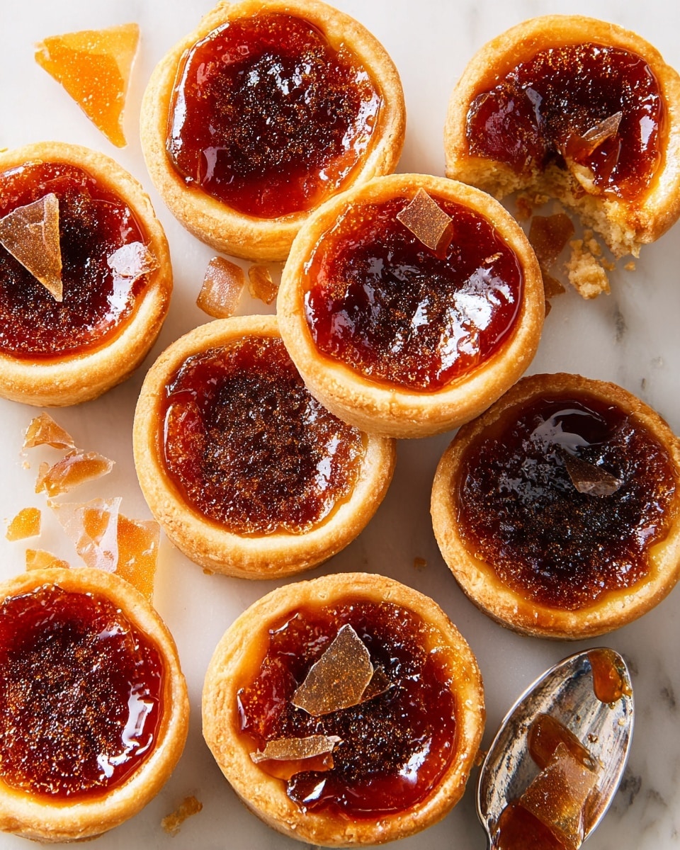 Six small round tarts rest on a white marbled surface, each with a lightly browned crust holding a caramelized, glossy top layer with a slightly cracked and shiny texture. Three tarts have dark shiny shards on top, adding contrast, while the others have smooth caramelized surfaces with golden brown hues. A woman's hand is picking up one tart from the top right, showing the crust’s thickness and texture clearly. The scene is brightly lit, highlighting the sweet, sticky glaze on each tart. Photo taken with an iphone --ar 4:5 --v 7