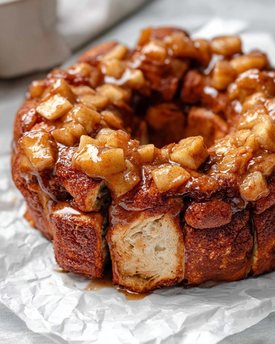 A round cinnamon roll cake with a dark golden-brown crust, composed of many soft, thick layers of dough twisted and rolled closely together, topped with shiny pieces of cooked apple chunks scattered unevenly on top and between layers, with a sticky, amber syrup glaze dripping on some parts. Some rolls are pulled apart and placed next to the main cake, showing the inner soft, light beige dough against the darker crust, all sitting on crumpled white parchment paper over a white marbled surface. Photo taken with an iphone --ar 4:5 --v 7