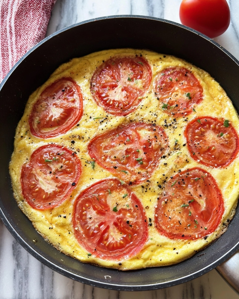 A cooked dish in a black pan filled with a yellow, fluffy egg base that looks soft and slightly bumpy. On top, there are nine round slices of red tomato evenly spread across the surface, some with visible seeds and juice. The tomatoes lie directly on the eggs and have a slightly roasted look. There are small black pepper specks scattered on the eggs and tomatoes, enhancing the texture. The pan is placed on a white marbled surface, with a red tomato and a folded cloth nearby. Photo taken with an iphone --ar 4:5 --v 7