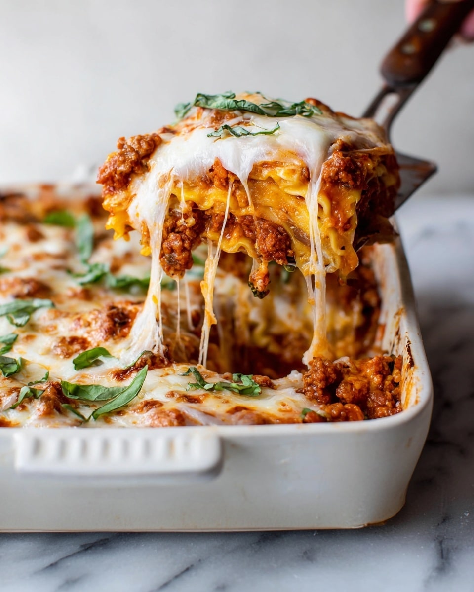 A slice of baked lasagna is lifted from a white ceramic baking dish with a woman’s hand holding a spatula. The lasagna has multiple layers: the bottom layer is rich tomato meat sauce with small pieces of cooked meat, above that is a soft yellow cheese layer, then a thick tomato sauce layer, topped with melted white mozzarella cheese that stretches in strings as the slice is lifted. Fresh green basil leaves sit on top of the melted cheese, adding a pop of color. The dish is placed on a white marbled surface. Photo taken with an iphone --ar 4:5 --v 7