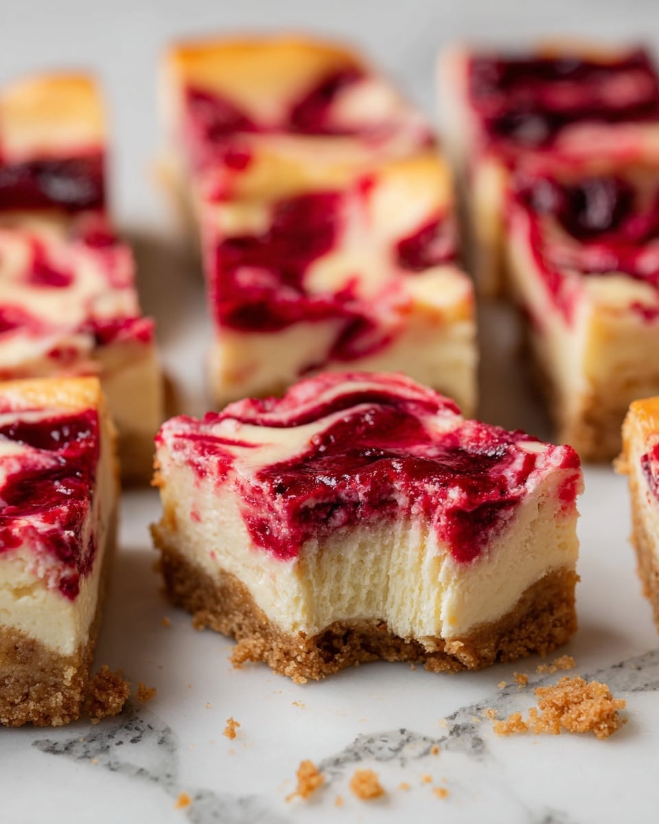 The image shows several pieces of cheesecake bars with three visible layers: a thick, light brown crumbly base at the bottom, a creamy pale yellow middle cheesecake layer, and a fresh red and dark pink swirled fruit topping, likely raspberry or cherry, covering the top. One bar in the center has a bite taken out of it, showing soft and creamy inside textures. The bars are on a white marbled surface with some crumbs scattered around. The focus is sharp on the front pieces, while the background bars are softly blurred, creating depth. photo taken with an iphone --ar 4:5 --v 7