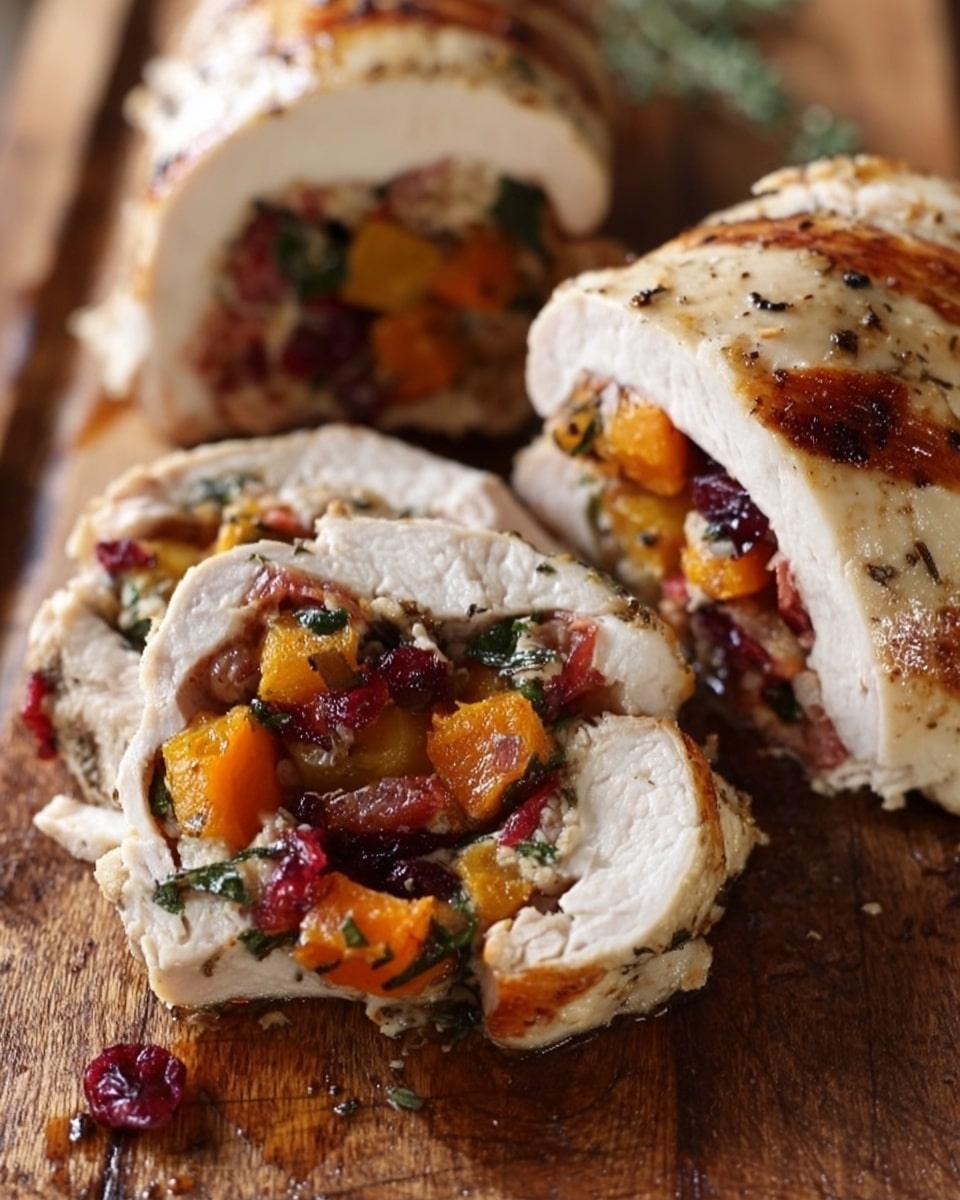 The image shows three pieces of stuffed white meat laid on a wooden board with a white marbled background. Each piece is sliced open, revealing about two visible layers inside: the outer layer is a light beige cooked meat with a soft texture and slight brown grill marks, while the inner layer is a colorful mix of diced orange, red, and green vegetables and possibly dried fruit or similar ingredients. The filling has a chunky texture with noticeable bits of different sizes packed tightly inside the meat. A woman's hand reaches in from the top left corner, partially touching or holding one of the pieces. The scene is bright and natural, highlighting the textures and colors of the stuffed meat dish. photo taken with an iphone --ar 4:5 --v 7
