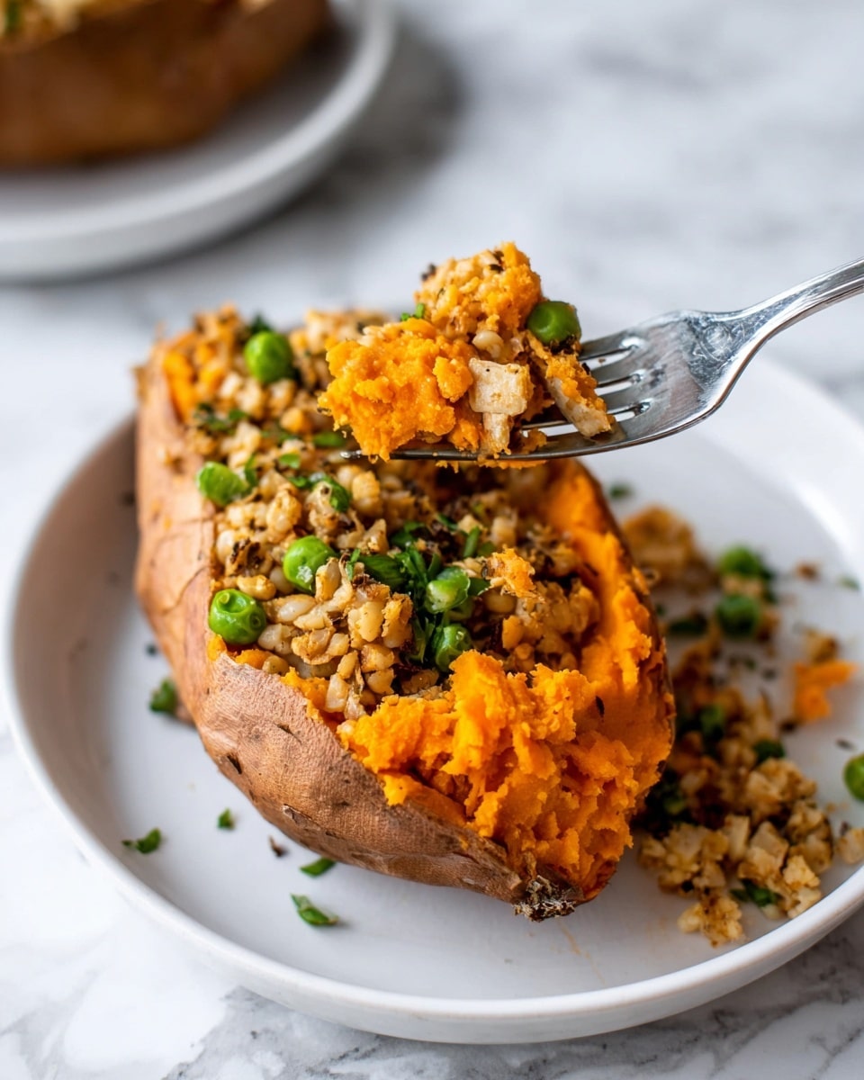 A baked sweet potato with its skin slightly cracked open sits on a white plate with a silver fork on the side. Inside the potato, there is a colorful filling with three visible layers: the base layer is bright orange sweet potato flesh, the middle layer has thin slices of cooked yellow bell pepper, and the top layer is a mix of small beige crumbles, green peas, and finely chopped mushrooms, all seasoned with black pepper and herbs. Some of the filling spills onto the plate. The background is a white marbled texture. Photo taken with an iphone --ar 4:5 --v 7