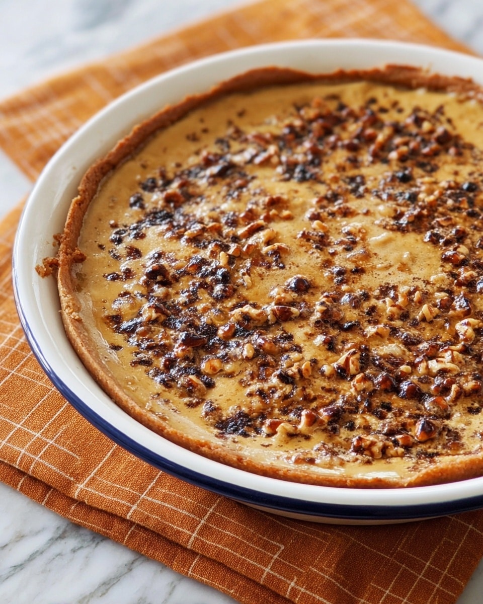 The image shows a round pie with a golden brown crust in a white dish with a blue rim. The pie filling is light brown and smooth, with a shiny surface, and it is covered with a layer of roasted nuts that are unevenly spread across the top, showing dark brown toasted spots. The edge of the crust looks thick and slightly darker, with some bubbling and crisp texture. The dish sits on an orange checkered cloth, all placed on a white marbled surface. photo taken with an iphone --ar 4:5 --v 7