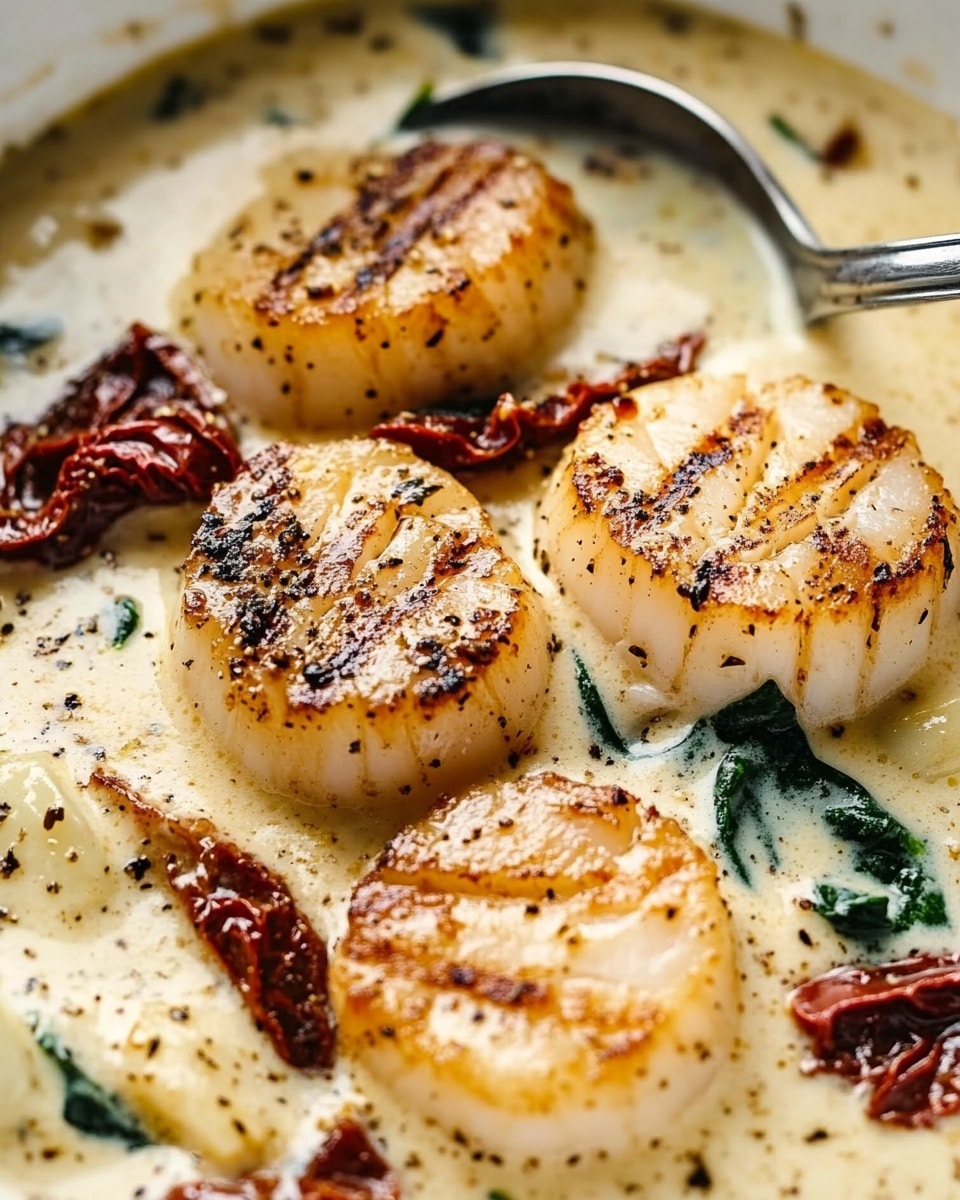 This close-up image shows several large, golden-yellow ravioli pieces on a white marbled surface, covered in a thick, creamy white sauce with specks of black pepper and herbs. There are dark green spinach leaves and reddish-brown sun-dried tomato strips scattered throughout the sauce, adding color contrast. The ravioli have slightly rounded edges and a smooth texture, and the sauce looks rich and smooth, coating the pasta evenly. photo taken with an iphone --ar 4:5 --v 6.1