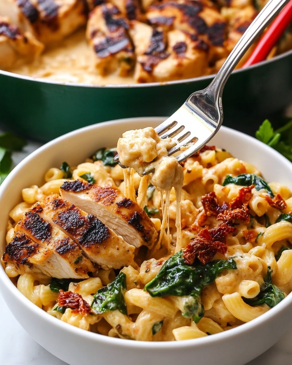 A white pan filled with creamy macaroni pasta mixed with green spinach leaves and sun-dried tomato pieces, giving a mix of light brown, green, and dark red colors. On top, two large grilled chicken breasts are sliced and arranged side by side, showing a crispy, dark brown crust with a tender, light interior. The pan has a light teal handle and is placed on a wooden cutting board with fresh green parsley and a green checkered towel nearby, all on a white marbled surface. Photo taken with an iphone --ar 4:5 --v 6.1