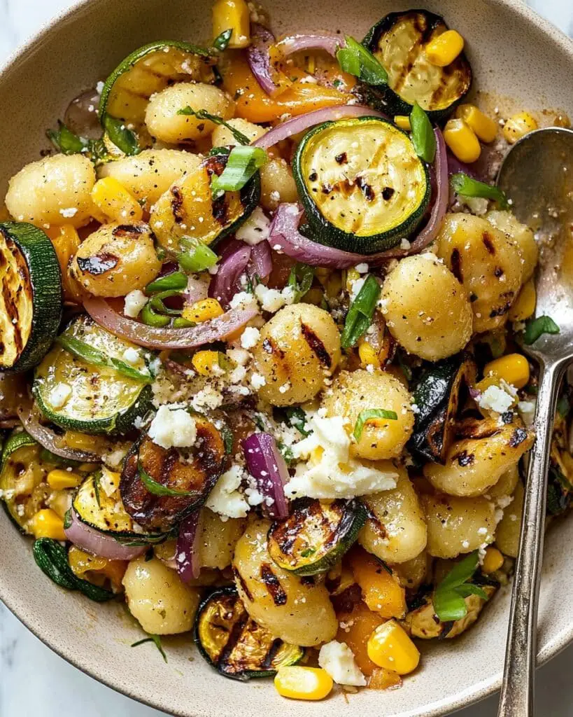 Grilled Gnocchi Salad with Charred Summer Vegetables and Goat Cheese Recipe