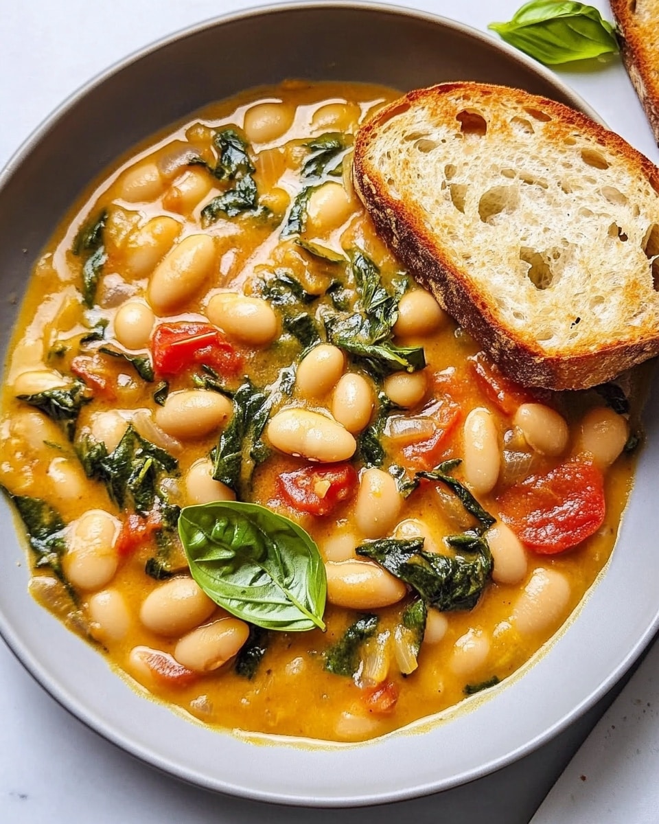 A white plate filled with a creamy yellow bean stew that has white oval beans, pieces of red tomato, and dark green leafy vegetables mixed in. The stew looks thick and rich, spreading evenly on the plate with fresh green basil leaves sprinkled on top. On the right side of the plate, there is a thick slice of toasted bread with a golden-brown, crunchy crust and a soft, slightly holey inside. The dish rests on a white marbled surface with another piece of toasted bread partially visible in the top right corner. Photo taken with an iphone --ar 4:5 --v 6.1