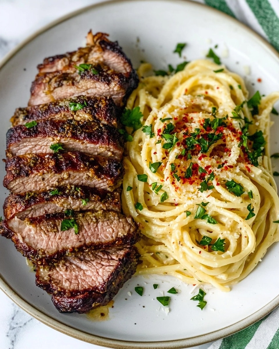 The image shows a white plate on a white marbled surface with two main parts. On the left side, there is a sliced piece of cooked meat with a dark brown, slightly charred outer layer and juicy inside, sprinkled with green herb pieces. On the right side, there are two neat nests of creamy yellow spaghetti, topped with red chili flakes and small green herb bits. The textures of the meat look tender and juicy, while the spaghetti looks soft and creamy with some visible cheese strands. photo taken with an iphone --ar 4:5 --v 6.1