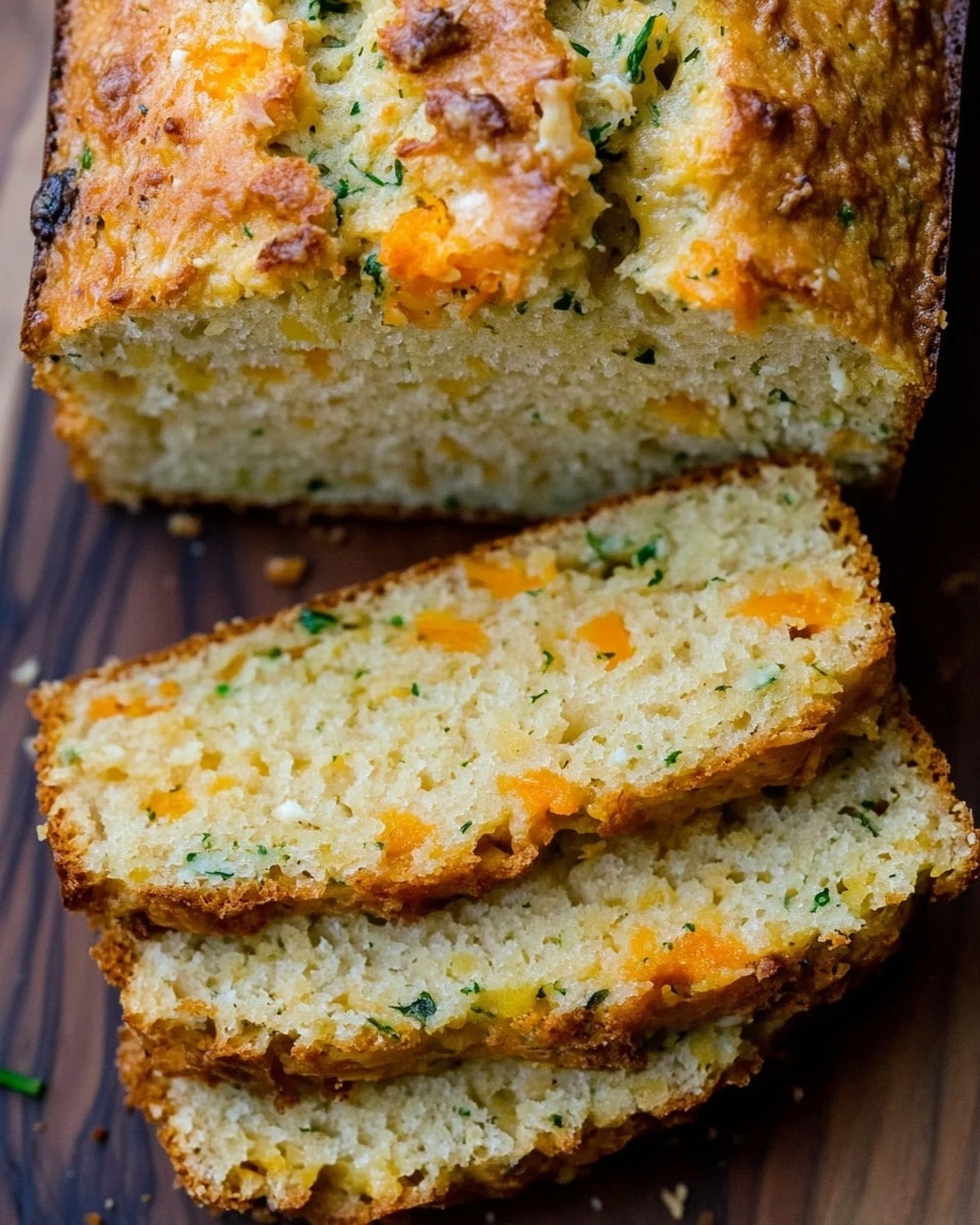 A close-up view of a loaf of savory quick bread sliced into four thick pieces. The bread has a golden brown crust with a rough, crumbly texture on top. Inside, the bread is light yellow with small bits of orange cheese and green herbs scattered throughout, giving it a speckled look. The slices show a soft, moist crumb with visible layers of cheese melted inside. The bread rests on a dark wooden surface. photo taken with an iphone --ar 4:5 --v 6.1