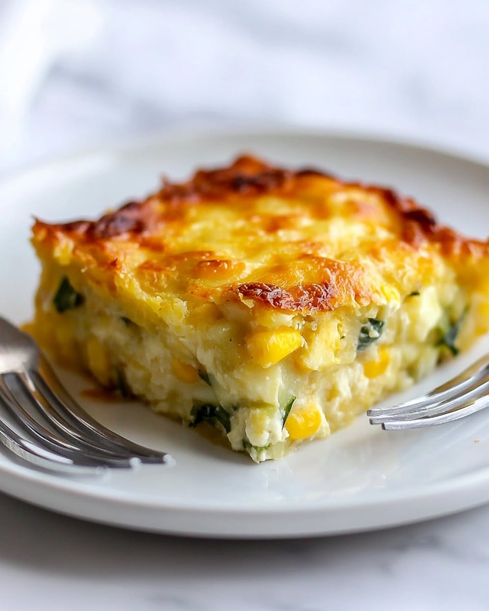 A slice of baked casserole sits on a white plate with a shiny silver fork next to it. The casserole has two main layers: the bottom layer is pale yellow with bits of green and yellow vegetables mixed in, including corn and finely chopped greens. The top layer is golden brown and slightly crispy, showing a melted cheese texture with a few darker browned spots. The slice is thick and looks soft and moist inside. The plate rests on a white marbled texture surface. Photo taken with an iphone --ar 4:5 --v 6.1
