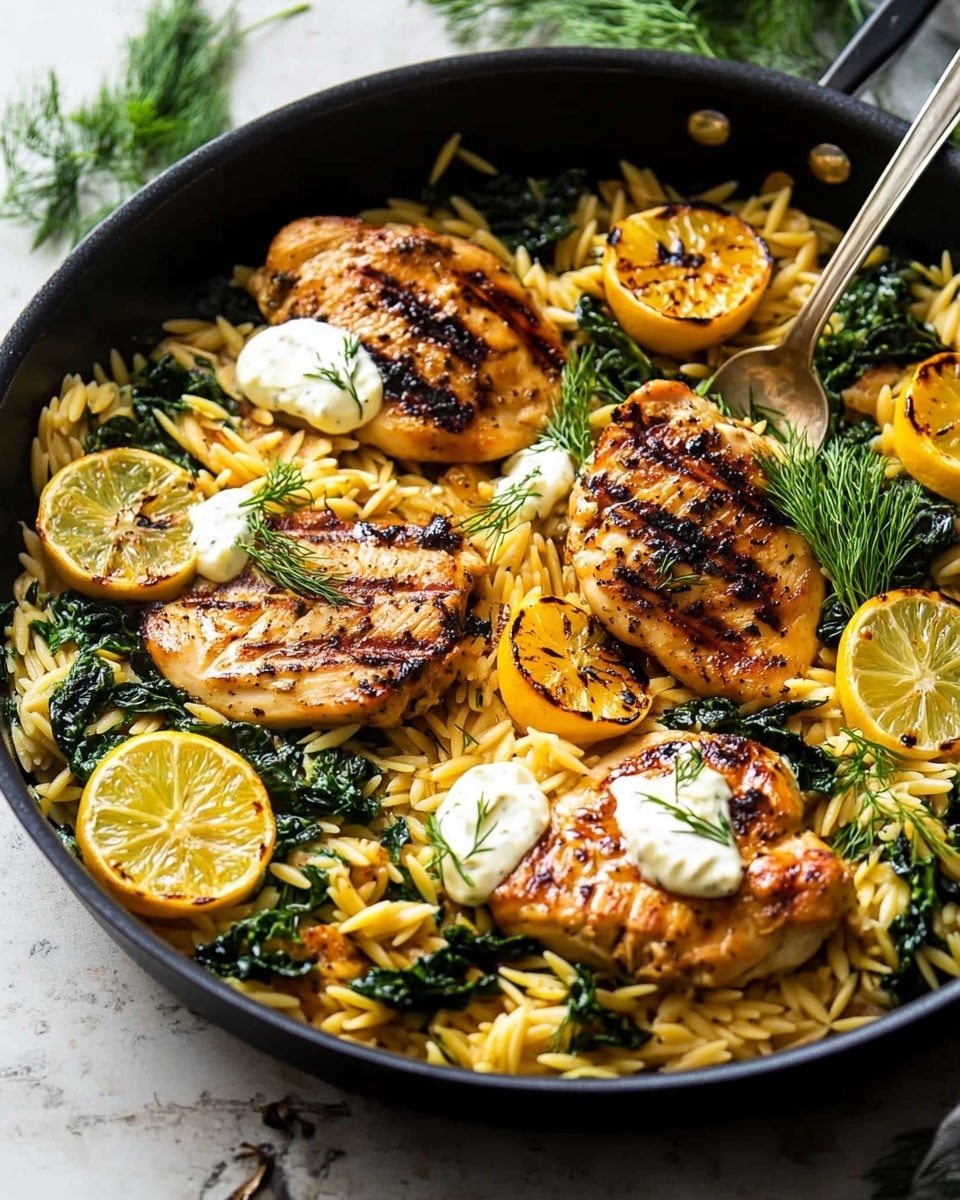 The dish shows a black skillet filled with three large pieces of golden-brown cooked chicken sitting on a bed of yellow orzo pasta mixed with dark green cooked kale. Bright yellow lemon slices are placed on top of the chicken and pasta, adding a fresh look. Dollops of white sauce rest on the chicken in a few spots, and fresh green dill sprigs decorate the top for extra color. A large silver spoon lies to the left in the skillet, scooping some orzo with a dill sprig on it. The skillet is on a white marbled surface with some green leaves in the corner. photo taken with an iphone --ar 4:5 --v 6.1