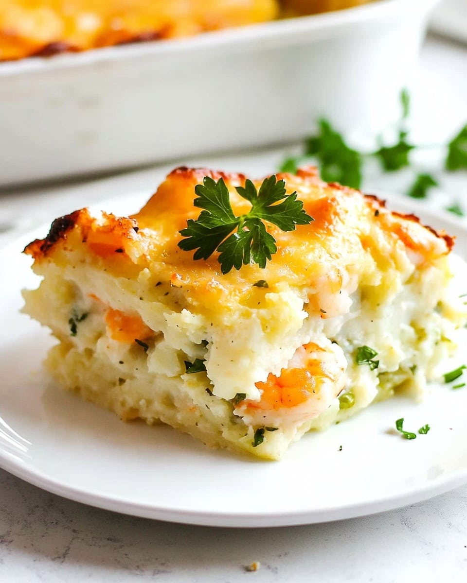 A white plate with a serving of baked casserole showing three layers: the bottom layer has light brown pieces, the middle layer is a soft creamy white texture, and the top layer is golden brown and bubbly with a slightly crispy surface. The plate is on a white marbled surface with a teal and light pink fringed cloth nearby. A silver fork rests on the right side of the plate, and a green herb is partly visible on the top right corner. The corner of a metal baking dish with the same casserole is visible in the top left. photo taken with an iphone --ar 4:5 --v 6.1