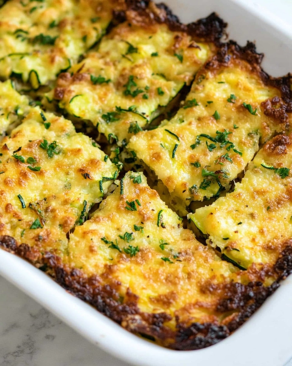 In a white rectangular baking dish, there is a baked dish cut into several pieces. The top layer is golden brown with some darker browned spots, giving a crunchy texture. Underneath the top layer, you can see a green layer with small bits of herbs or vegetables peeking through. Freshly chopped green herbs are sprinkled on the top, adding a touch of color and freshness. The edges of the dish show some slightly crispy bits where the cheese or topping has browned more deeply. The whole dish rests on a white marbled surface. photo taken with an iphone --ar 4:5 --v 6.1