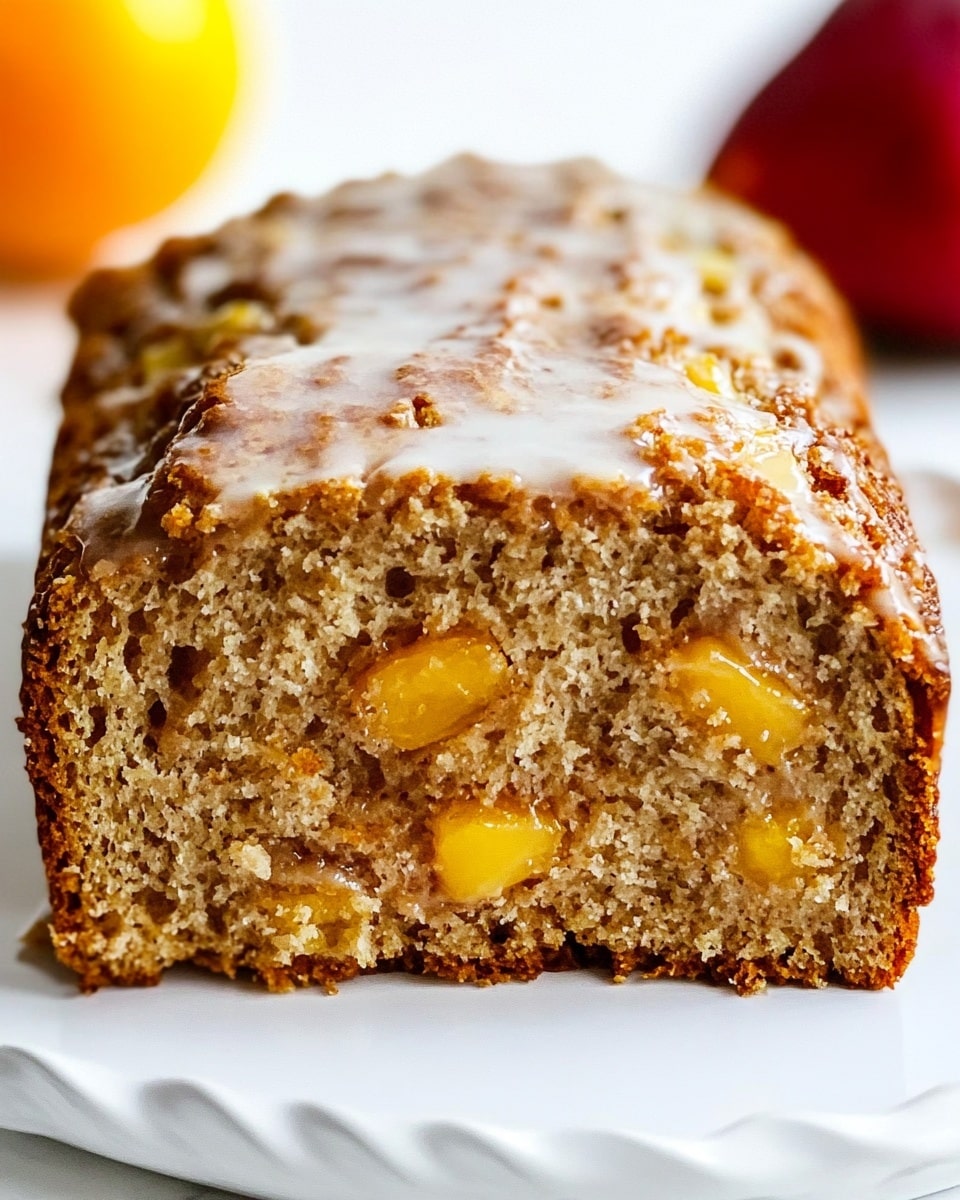 A slice of thick, golden brown cake with a rough texture sits on a white marbled surface. The cake has a moist, crumbly look with bits of light yellow pieces visible inside, likely fruit or nuts. The top layer is spread unevenly with creamy white frosting. The edges of the cake slice are chunky and rustic. In the blurred background, there is a bright red and yellow apple and a white mug. The overall scene is bright and fresh. Photo taken with an iphone --ar 4:5 --v 6.1