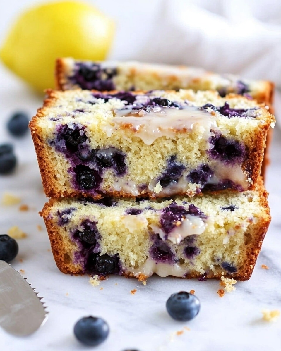 Three slices of lemon blueberry cake are placed on a white plate set on a white marbled surface. Each slice shows a dense texture with scattered dark purple blueberries inside a light yellow crumb. A thin layer of white icing covers the top side of the cake slices, adding a smooth and slightly glossy finish. In the blurred background, there is a partial view of a larger piece of the cake and some whole blueberries and lemon halves. Photo taken with an iphone --ar 4:5 --v 6.1