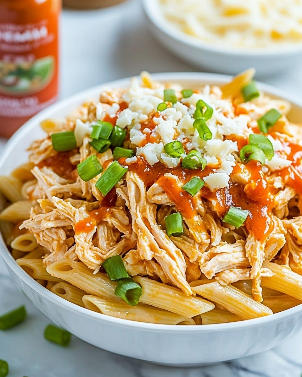The image shows a white bowl filled with three layers of food: the bottom layer is penne pasta in pale yellow, the middle layer appears to be shredded chicken in light beige, and the top layer is a mix of crumbled white cheese, bright green chopped spring onions, and bright orange hot sauce drizzled over everything. Next to the bowl is a small white bowl with more crumbled white cheese and a bottle of hot sauce behind it, all set on a white marbled surface. photo taken with an iphone --ar 4:5 --v 6.1