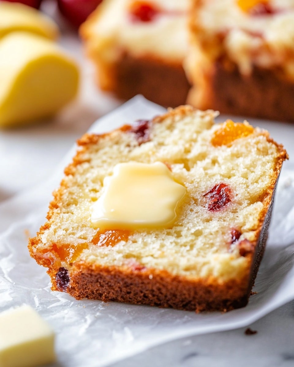 A close-up slice of fruit bread is shown with a golden brown crust and a soft, light beige inside that has small chunks of orange and red fruit pieces spread throughout. A pale yellow layer of melting butter is spread on top, with visible ridges where a knife or woman's hand has smoothed it. The slice rests on a white piece of parchment paper, with more slices of the same fruit bread and blurred pieces of fruit in the background set on a white marbled surface. photo taken with an iphone --ar 4:5 --v 6.1