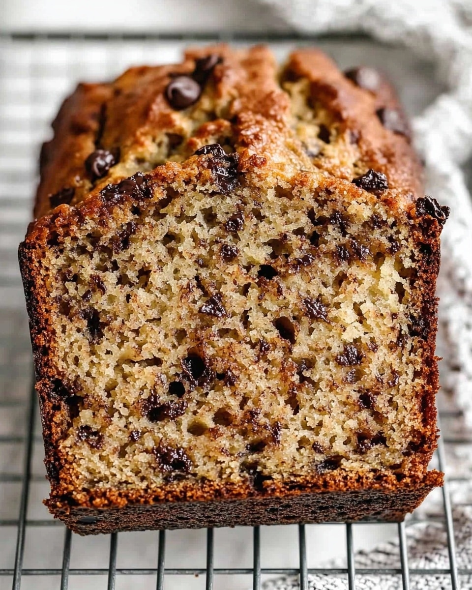 A close-up image of a single slice of banana bread resting on a metal cooling rack. The slice has one visible layer that is dense and moist with a golden brown color, speckled heavily with dark brown chocolate chips spread evenly throughout. The crust on the edge is darker brown with a slightly shiny, textured surface. The background shows a white marbled texture with a soft, out-of-focus appearance. Photo taken with an iphone --ar 4:5 --v 6.1