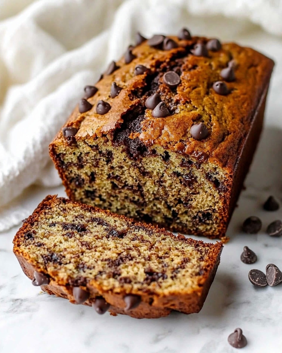 A loaf of chocolate chip banana bread is shown on a white marbled surface, with three slices cut and laid in front of the main loaf. The bread has a light brown inside with dark chocolate chips spread throughout every slice, and the top crust is darker brown, rough, and dotted with more melted chocolate chips. The texture looks soft and moist, and crumbs are scattered lightly around the base. Photo taken with an iphone --ar 4:5 --v 6.1
