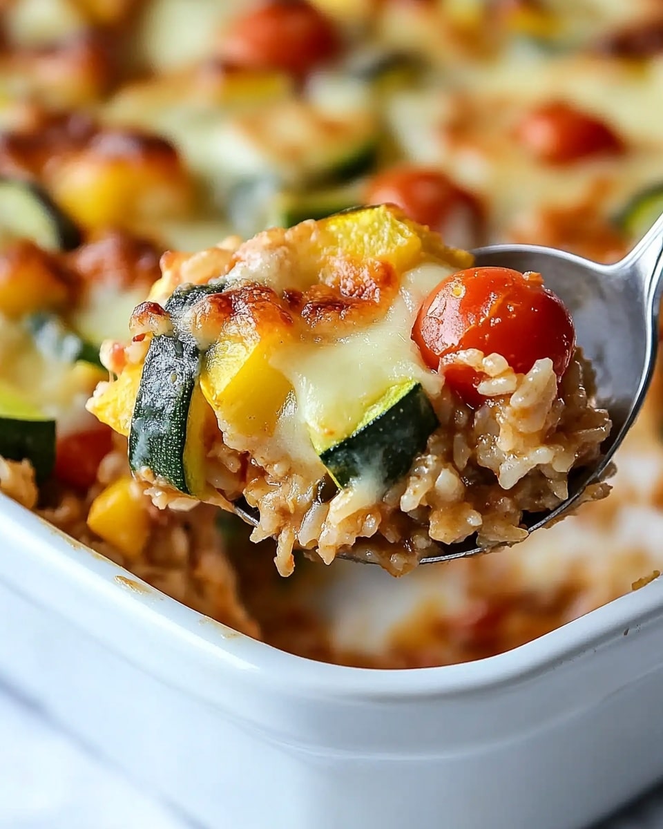A white baking dish filled with baked rice mixed with three kinds of vegetables: red cherry tomatoes, green zucchini slices, and yellow squash cubes, all mixed with brown cooked rice and topped with a melted layer of pale cream-colored cheese with golden brown spots. A spoon lifts a portion showing the rice, vegetables, and cheese layered together with a soft and slightly glossy texture. The dish sits on a white marbled surface with a white and gray striped towel nearby, and the overall colors are warm and inviting. Photo taken with an iphone --ar 4:5 --v 6.1