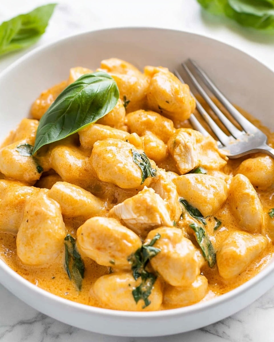 A white bowl filled with a creamy gnocchi dish, showing soft, rounded gnocchi pieces covered in a thick light orange sauce. Chunks of cooked chicken are mixed evenly throughout, coated in the same sauce. A few fresh green basil leaves are scattered inside the bowl and one large basil leaf rests on the side. A silver fork is placed on the edge of the bowl, partially digging into the soft gnocchi and chicken. The bowl sits on a white marbled surface. photo taken with an iphone --ar 4:5 --v 6.1