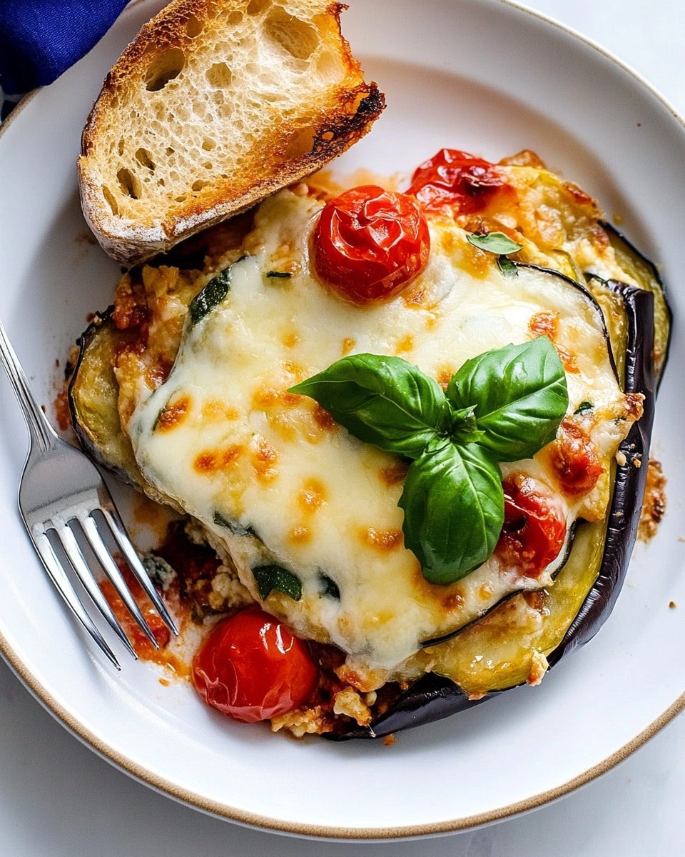 A white plate with blue writing around the edge holds a serving of baked layered vegetables and cheese. The dish has several layers: at the bottom, dark purple slices of eggplant, topped with bright red cherry tomato pieces and mixed with melted creamy white and light golden cheese. There are also green fresh basil leaves on top, adding a pop of color. On the side of the plate, two pieces of toasted bread with a golden brown crust rest next to the main dish. A silver fork is placed inside the food on the left side. The plate sits on a white marbled surface. Photo taken with an iphone --ar 4:5 --v 6.1